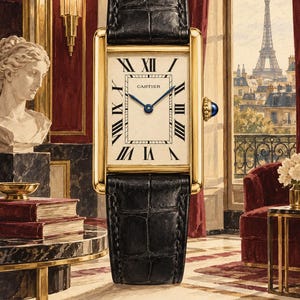 Op de afbeelding: Een Cartier Tank horloge met een rechthoekige gouden kast, een cr&egrave;mekleurige wijzerplaat met zwarte Romeinse cijfers en blauwe stalen wijzers. Het horloge heeft een zwarte lederen band met een textuur en een blauwe cabochon op de kroon.