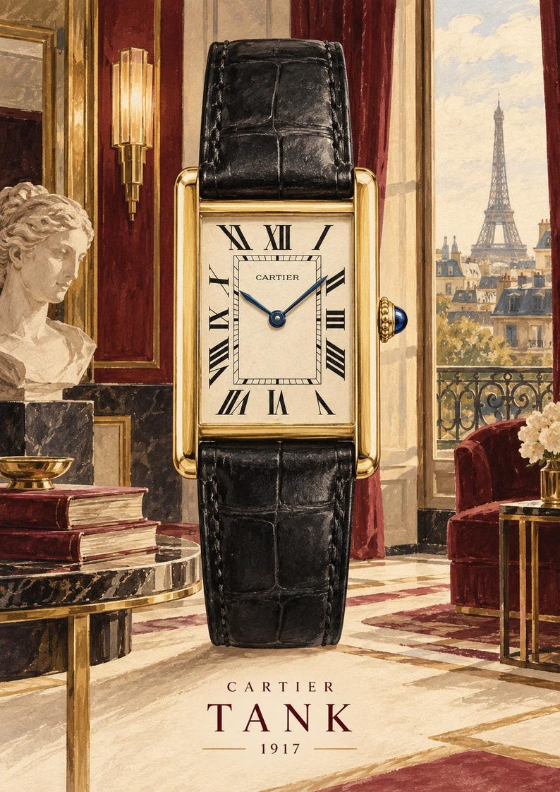 Op de afbeelding: Een Cartier Tank horloge met een rechthoekige gouden kast, een cr&egrave;mekleurige wijzerplaat met zwarte Romeinse cijfers en blauwe stalen wijzers. Het horloge heeft een zwarte lederen band met een textuur en een blauwe cabochon op de kroon.