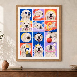 May include: A framed wall art print featuring a grid of twelve colorful panels, each displaying a golden retriever in various playful poses, including wearing blue sunglasses, a yellow crown, and interacting with a red ball and a yellow hoop.