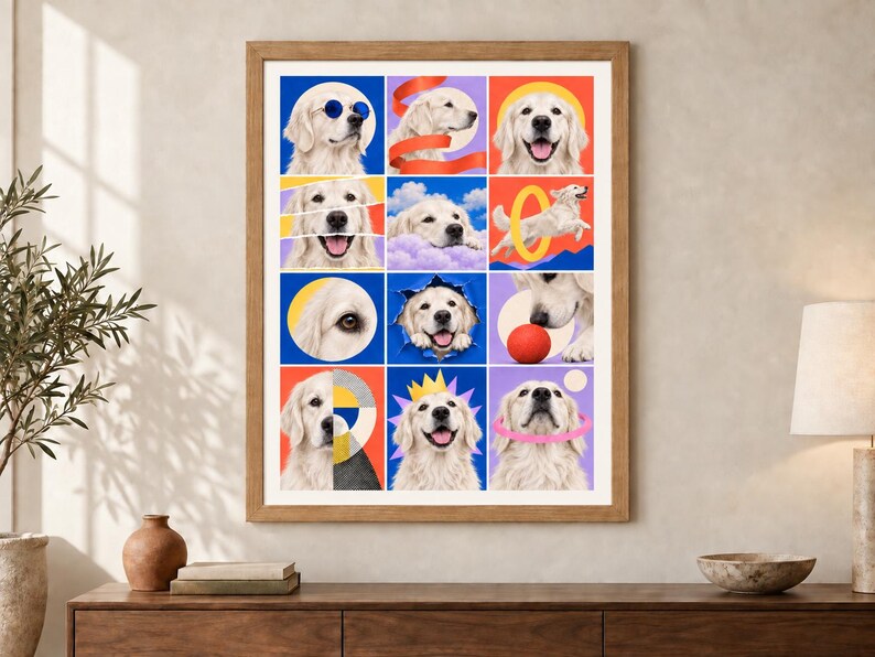 May include: A framed wall art print featuring a grid of twelve colorful panels, each displaying a golden retriever in various playful poses, including wearing blue sunglasses, a yellow crown, and interacting with a red ball and a yellow hoop.