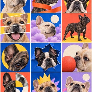 May include: A grid of twelve square panels featuring French Bulldogs in various artistic compositions, including dogs with blue sunglasses, checkered ears, a paper crown, a red ball, and abstract geometric shapes against colorful backgrounds.