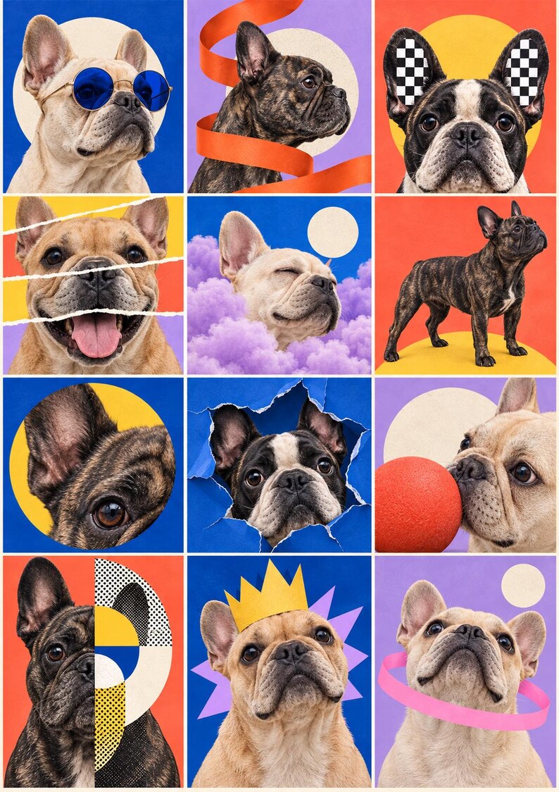 May include: A grid of twelve square panels featuring French Bulldogs in various artistic compositions, including dogs with blue sunglasses, checkered ears, a paper crown, a red ball, and abstract geometric shapes against colorful backgrounds.
