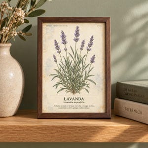 May include: A framed botanical print featuring a lavender plant with purple flower spikes and green leaves on a textured cream background. The text reads LAVANDA, Lavandula angustifolia, and includes a descriptive paragraph in Spanish.
