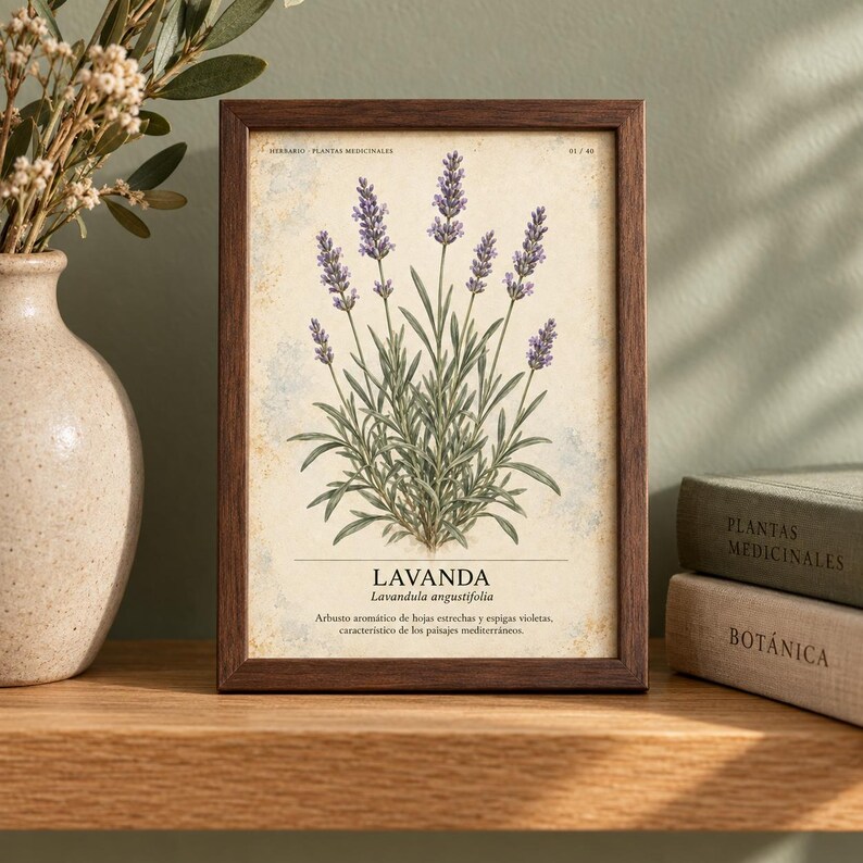 May include: A framed botanical print featuring a lavender plant with purple flower spikes and green leaves on a textured cream background. The text reads LAVANDA, Lavandula angustifolia, and includes a descriptive paragraph in Spanish.