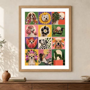 May include: A framed wall art print featuring a grid of twelve colorful illustrations of various dog breeds integrated with floral and botanical elements, including a poodle, a dalmatian, a chihuahua, and a golden retriever with butterfly wings.