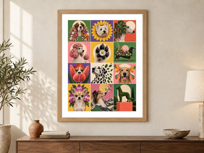 May include: A framed wall art print featuring a grid of twelve colorful illustrations of various dog breeds integrated with floral and botanical elements, including a poodle, a dalmatian, a chihuahua, and a golden retriever with butterfly wings.