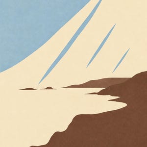 May include: A minimalist graphic art print titled ATLANTIC RAIN, featuring a stylized coastal landscape with brown cliffs, a cream-colored sea, and a light blue sky with three diagonal streaks representing rain falling over the ocean horizon.