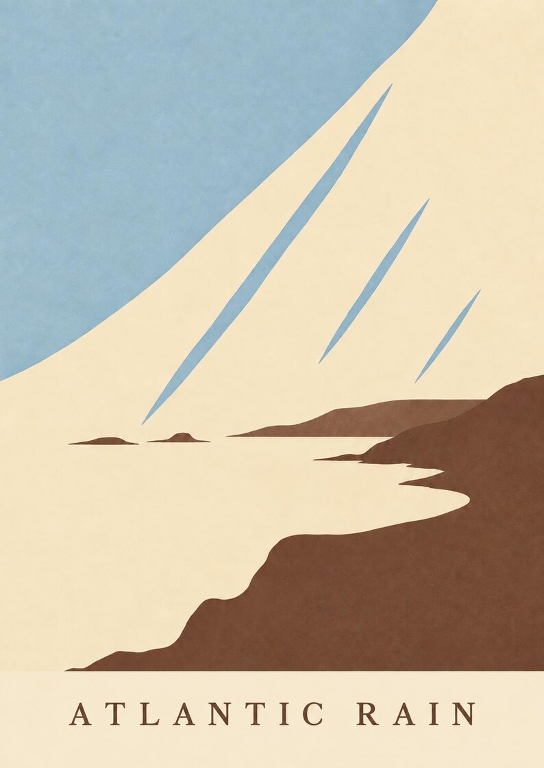 May include: A minimalist graphic art print titled ATLANTIC RAIN, featuring a stylized coastal landscape with brown cliffs, a cream-colored sea, and a light blue sky with three diagonal streaks representing rain falling over the ocean horizon.