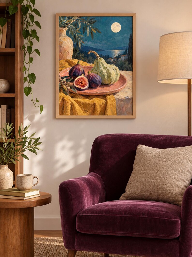 Fig Moon Wall Art, Autumn Still Life Painting, A3 Printable Digital Download image 2