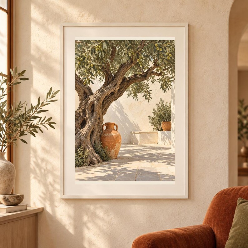 May include: A framed wall art print featuring an ancient olive tree with a gnarled, textured trunk and green leaves. A large, terracotta-coloured ceramic amphora sits at the base of the tree on a stone patio, casting long shadows in the sunlight.