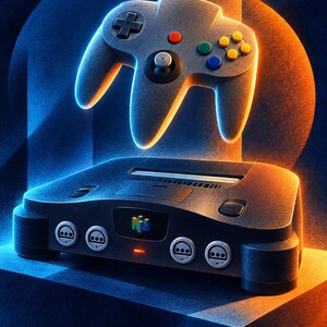 Op de afbeelding: Een donkergrijze videogameconsole met vier controllerpoorten en een centraal N64-logo, vergezeld van een bijpassende grijze controller met een richtingspad, een centrale analoge stick en rode, gele, groene en blauwe actieknoppen.