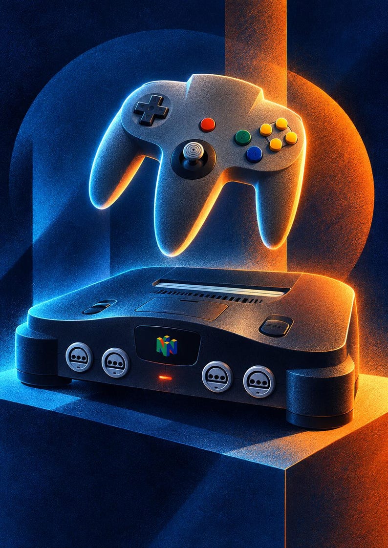Op de afbeelding: Een donkergrijze videogameconsole met vier controllerpoorten en een centraal N64-logo, vergezeld van een bijpassende grijze controller met een richtingspad, een centrale analoge stick en rode, gele, groene en blauwe actieknoppen.