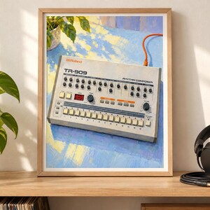 Roland TR-909 väggkonsttryck, färgglad trummaskinsaffisch, digital nedladdning i A3-format bild 5