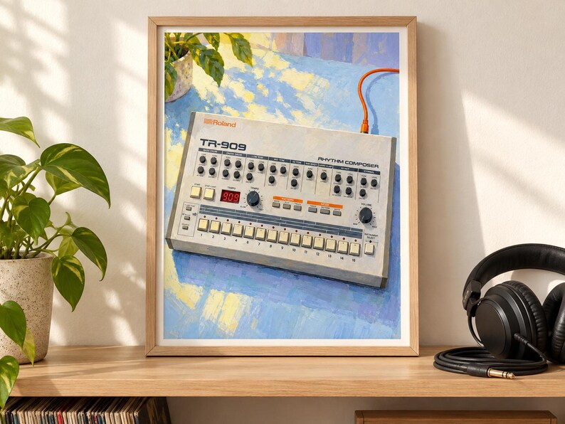Roland TR-909 väggkonsttryck, färgglad trummaskinsaffisch, digital nedladdning i A3-format bild 5