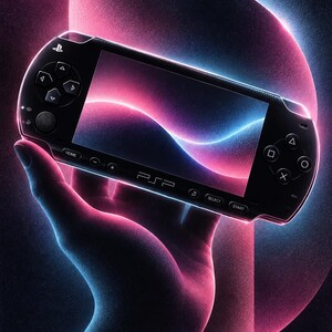 May include: A black handheld gaming console featuring a wide screen, directional pad, and standard action buttons labeled with triangle, circle, cross, and square symbols. The device displays the PSP logo and includes Home, Select, and Start buttons.