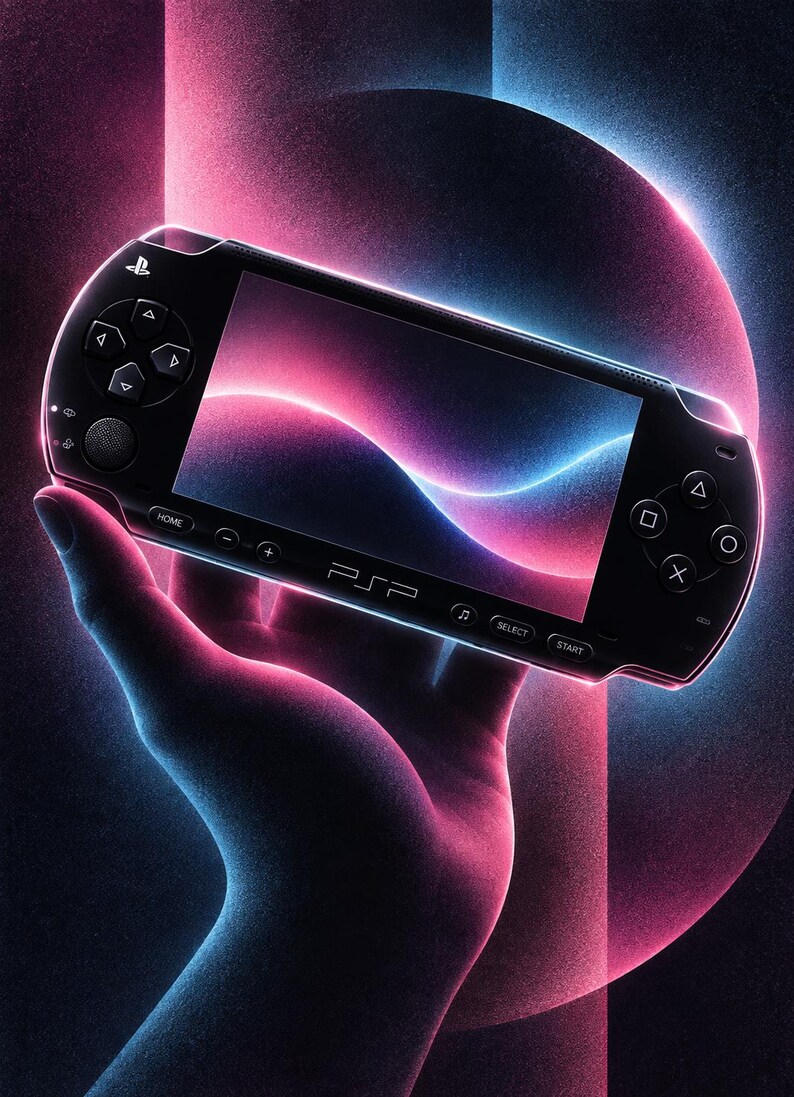May include: A black handheld gaming console featuring a wide screen, directional pad, and standard action buttons labeled with triangle, circle, cross, and square symbols. The device displays the PSP logo and includes Home, Select, and Start buttons.
