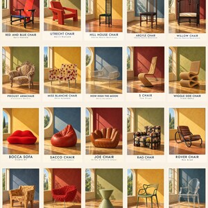Pu&ograve; includere: Un poster che presenta una griglia di venti iconici design di mobili, ognuno etichettato con il proprio nome e designer. La collezione include varie sedie, un divano e uno sgabello, visualizzati in pannelli individuali con sfondi di colori distinti.