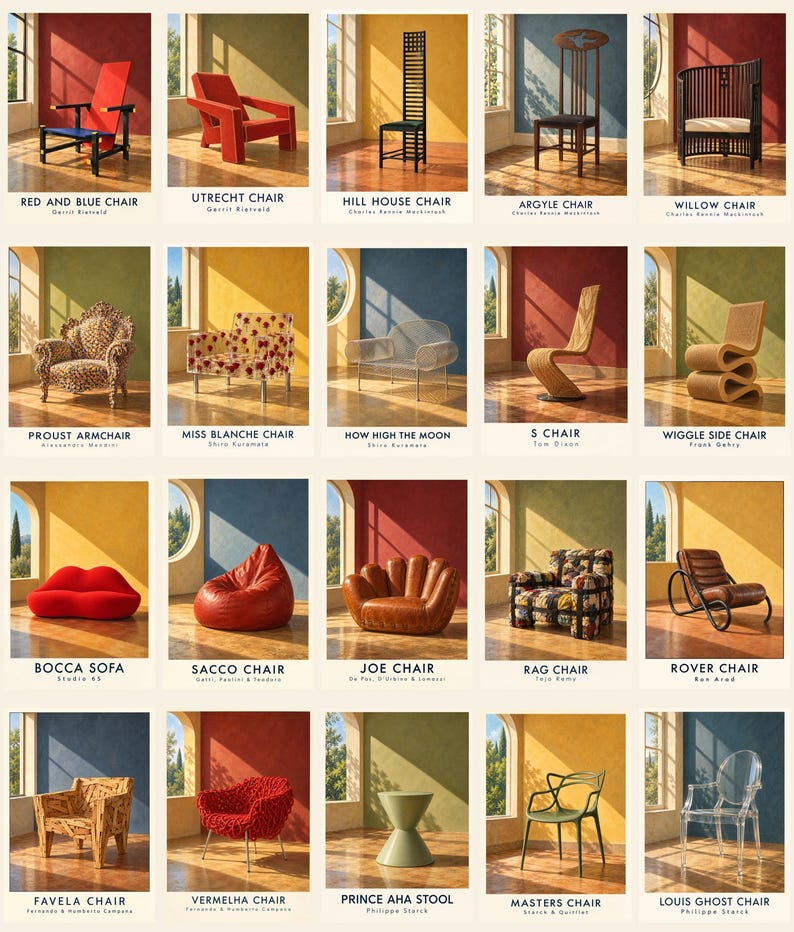 Pu&ograve; includere: Un poster che presenta una griglia di venti iconici design di mobili, ognuno etichettato con il proprio nome e designer. La collezione include varie sedie, un divano e uno sgabello, visualizzati in pannelli individuali con sfondi di colori distinti.