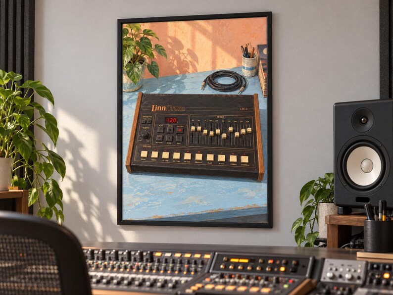 K&ouml;nnte beinhalten: Ein gerahmter Wanddruck einer Vintage-Drummaschine LinnDrum LM-2 mit schwarzer Frontplatte, Holzseitenteilen, digitaler Tempowechselanzeige sowie einer Reihe von Schiebereglern und quadratischen Tasten auf einer hellblauen Oberfl&auml;che.