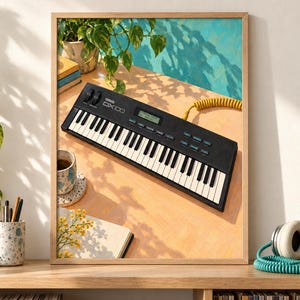Puede incluir: Una l&aacute;mina enmarcada que muestra un sintetizador Yamaha DX100 negro con teclas blancas, colocado sobre una superficie de color melocot&oacute;n. La escena incluye una taza peque&ntilde;a, un cuaderno y un cable amarillo en espiral sobre un fondo azul brillante.