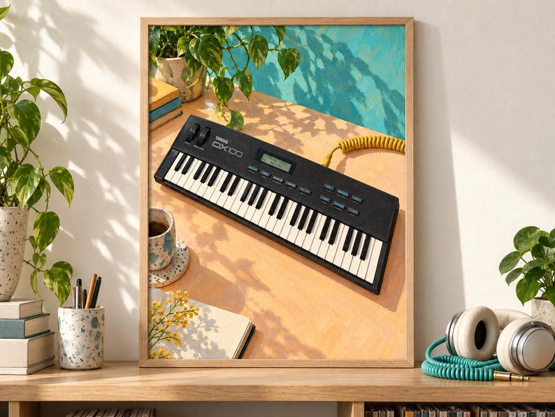 Puede incluir: Una l&aacute;mina enmarcada que muestra un sintetizador Yamaha DX100 negro con teclas blancas, colocado sobre una superficie de color melocot&oacute;n. La escena incluye una taza peque&ntilde;a, un cuaderno y un cable amarillo en espiral sobre un fondo azul brillante.