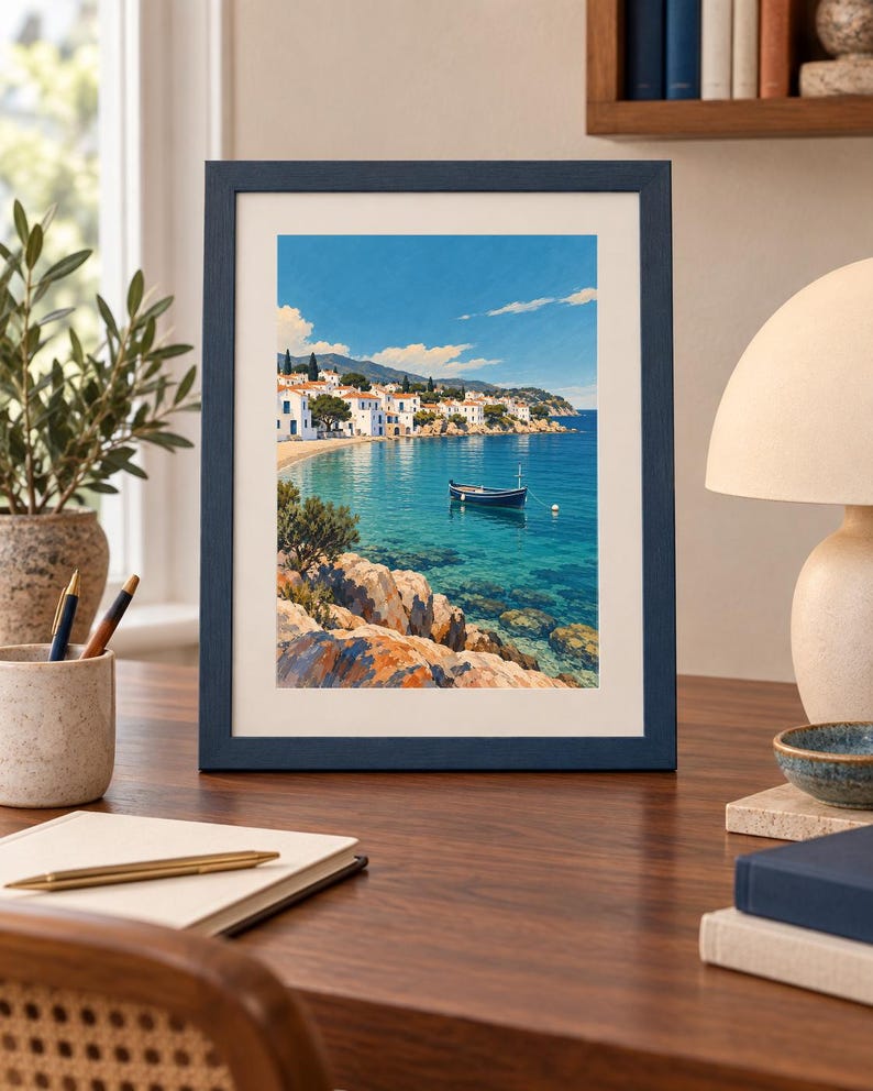 May include: A framed vertical art print featuring a coastal landscape with white buildings, a blue boat floating on clear turquoise water, and rocky foreground terrain under a bright blue sky. The frame is a dark navy blue with a white mat border.