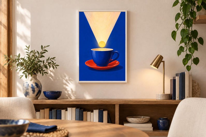 Puede incluir: Una l&aacute;mina de arte mural enmarcada que muestra una taza de caf&eacute; azul vibrante sobre un platillo rojo brillante. Una fuente de luz circular amarilla resplandece sobre la taza, proyectando un haz de luz triangular sobre un fondo azul.