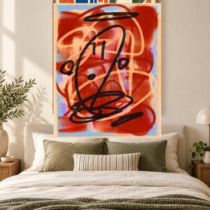 K&ouml;nnte beinhalten: Ein rechteckiger Wandkunstdruck mit einer k&uuml;hnen abstrakten Komposition. Das Kunstwerk zeigt dicke, geschwungene schwarze Tintenlinien, die &uuml;ber einen leuchtend roten und orangefarbenen Hintergrund geschichtet sind, akzentuiert durch hellblaue R&auml;nder.