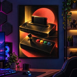 May include: A framed wall art print featuring a black retro video game console with a cartridge inserted and a matching joystick controller with four colorful buttons, set against a glowing orange circular background with dark shadows.