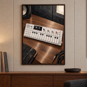 May include: A white portable synthesiser with a multi-button keyboard, circular control knobs, and a small digital display screen. The device features a speaker grille on the left side and is positioned on a wooden surface with a black audio cable.