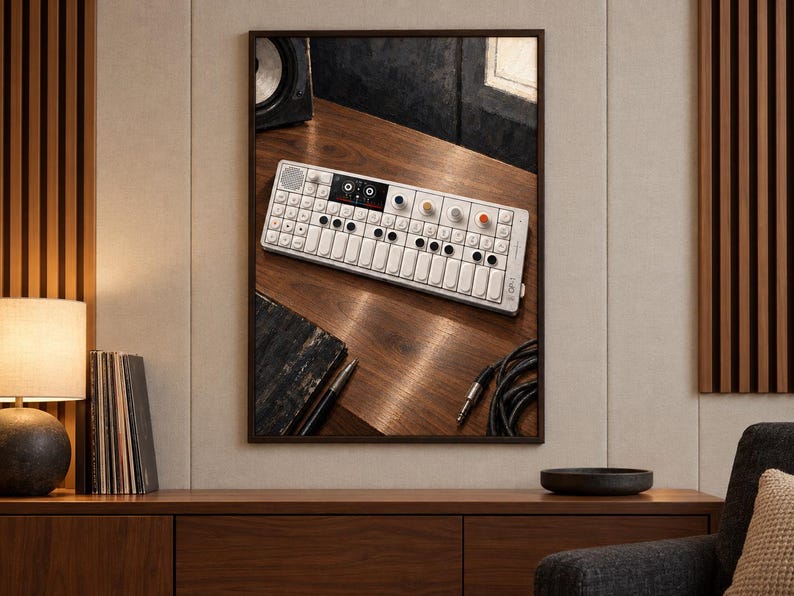 May include: A white portable synthesiser with a multi-button keyboard, circular control knobs, and a small digital display screen. The device features a speaker grille on the left side and is positioned on a wooden surface with a black audio cable.
