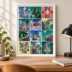 May include: A framed wall art print featuring a grid of twelve surreal illustrations of grey cats. Each square depicts a cat in various fantastical settings, including starry skies, crescent moons, floating islands, and ornate teacups, all rendered in vibrant colors.