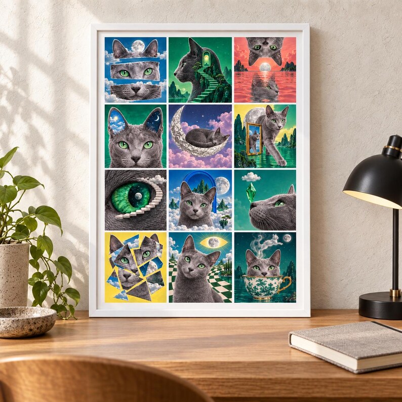 May include: A framed wall art print featuring a grid of twelve surreal illustrations of grey cats. Each square depicts a cat in various fantastical settings, including starry skies, crescent moons, floating islands, and ornate teacups, all rendered in vibrant colors.