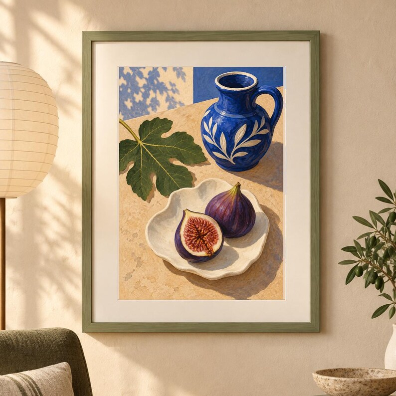 May include: A framed wall art print featuring a vibrant blue ceramic pitcher with white leaf patterns, a single green fig leaf, and a white scalloped dish holding one whole purple fig and one halved fig with a visible red interior on a tan surface.