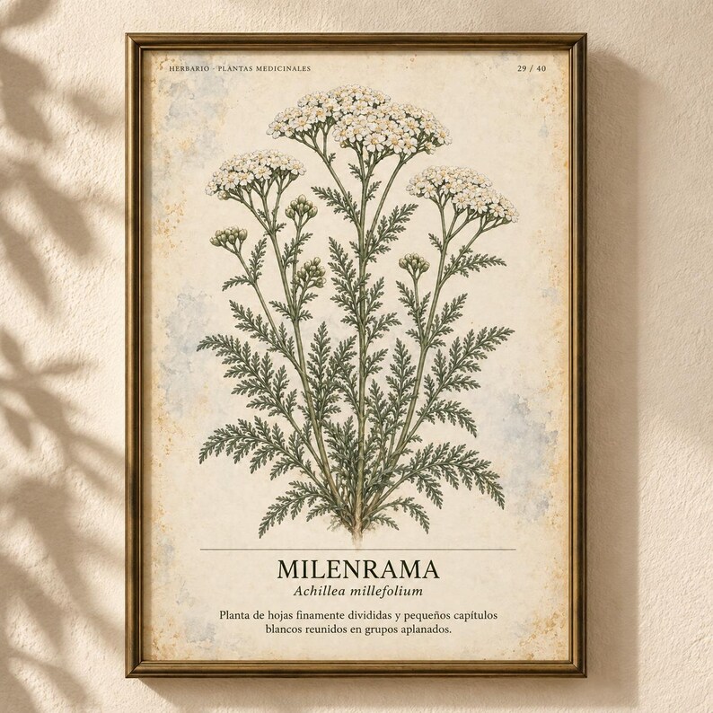 Puede incluir: Una l&aacute;mina bot&aacute;nica enmarcada con una ilustraci&oacute;n detallada de la planta Achillea millefolium con racimos de flores blancas y hojas verdes plumosas. El texto dice HERBARIO PLANTAS MEDICINALES 29/40, MILENRAMA y Achillea millefolium.
