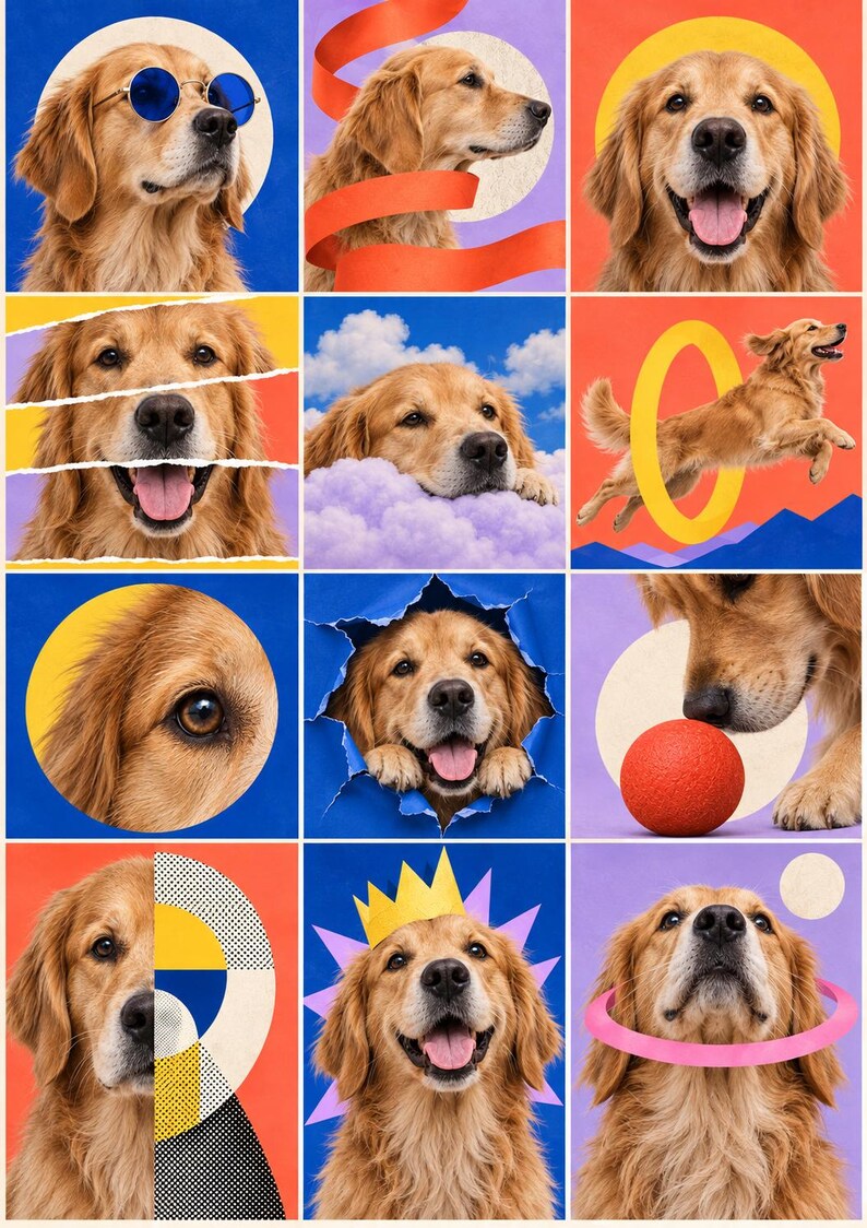 Op de afbeelding: Een collage van twaalf vierkante afbeeldingen met een golden retriever in diverse artistieke composities. De hond is afgebeeld met een blauwe zonnebril, springend door een gele hoepel, rustend op paarse wolken en spelend met een rode bal.