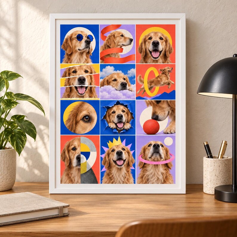 Op de afbeelding: Een ingelijste wandkunstprint met een raster van twaalf kleurrijke panelen, elk met een golden retriever in verschillende speelse houdingen, waaronder met een blauwe zonnebril, springend door een gele hoepel en spelend met een rode bal.