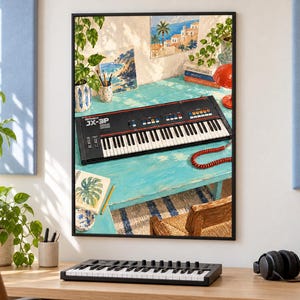 May include: A framed art print depicting a black Roland JX-3P synthesiser on a bright turquoise desk. The scene includes potted plants, a red lamp, books labelled Synthesizers and Creative Life, and coastal landscape paintings on the wall.