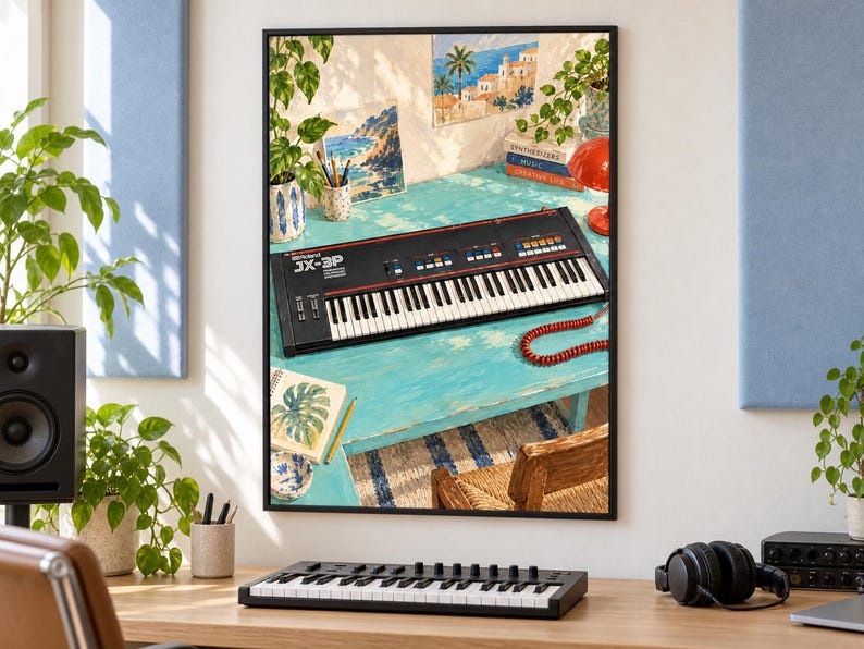 May include: A framed art print depicting a black Roland JX-3P synthesiser on a bright turquoise desk. The scene includes potted plants, a red lamp, books labelled Synthesizers and Creative Life, and coastal landscape paintings on the wall.