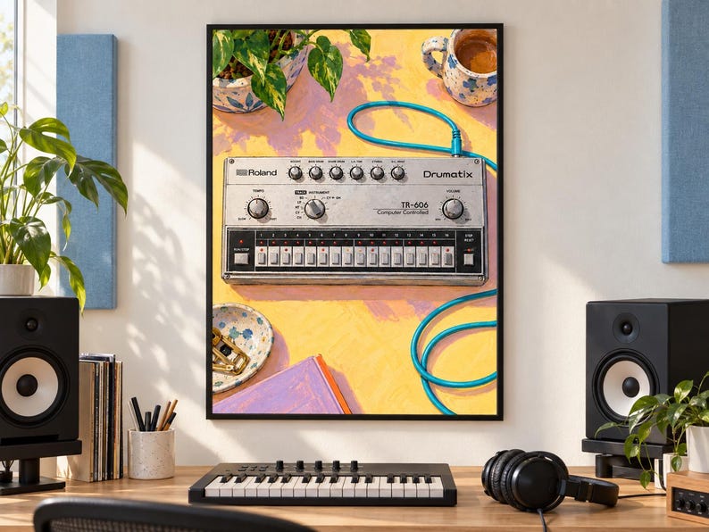 Pu&ograve; includere: Una stampa d'arte incorniciata che mostra un'illustrazione dall'alto di una drum machine Roland TR-606 Drumatix argentata su una superficie gialla. Il dispositivo presenta manopole nere, un sequencer a passi e un cavo blu brillante. Sono presenti una pianta, una tazza e una ciotola.