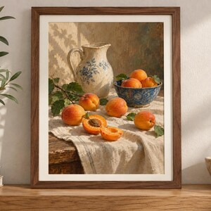 May include: A framed wall art print depicting a still life scene with a cream-colored ceramic pitcher featuring blue floral patterns, a blue bowl filled with orange apricots, and several loose apricots on a textured beige linen cloth.