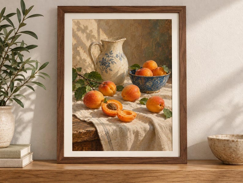 May include: A framed wall art print depicting a still life scene with a cream-colored ceramic pitcher featuring blue floral patterns, a blue bowl filled with orange apricots, and several loose apricots on a textured beige linen cloth.