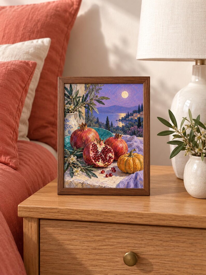 Op de afbeelding: Een ingelijste rechthoekige print met een olieverfschilderij van granaatappels en een kleine pompoen op een stenen richel. De sc&egrave;ne bevat een blauwe kom, een witte kan en een kustlandschap bij schemering met een volle maan boven het water.