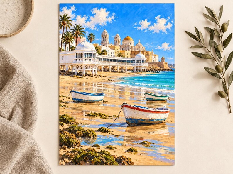 Op de afbeelding: Een levendig schilderij van een kustlandschap met drie kleine houten boten op een zandstrand. Op de achtergrond staat een wit architectonisch bouwwerk met een koepel bij de turquoise oceaan onder een helderblauwe lucht met wolken.