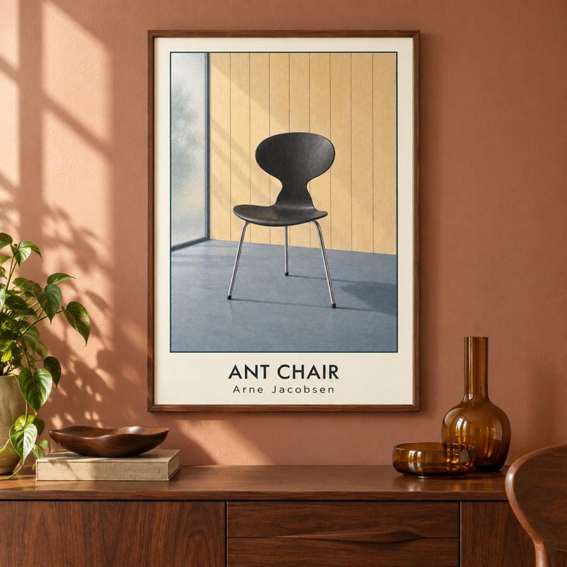 May include: A framed wall art print featuring a black Ant Chair by Arne Jacobsen centered against a yellow paneled wall and a blue floor. The text ANT CHAIR and Arne Jacobsen is printed in black at the bottom of the white-bordered poster.