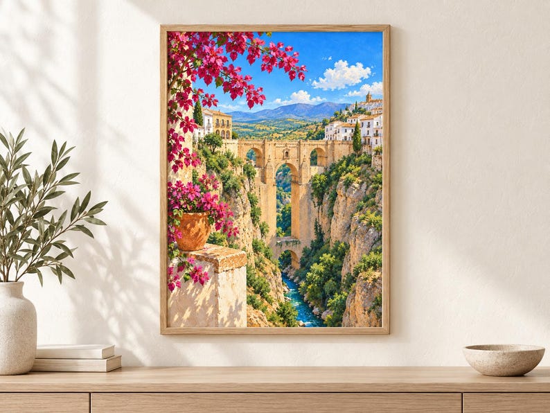 Pu&ograve; includere: Una stampa artistica incorniciata che raffigura un ponte in pietra che attraversa una profonda gola con un fiume sottostante. Fiori di bouganville rosa brillante in un vaso di terracotta sono in primo piano, con edifici bianchi e cielo blu.