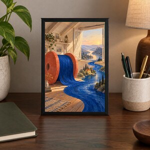 Op de afbeelding: Een ingelijste rechthoekige print met een grote oranje klos blauwe draad op een houten vloer. De draad stroomt uit de klos, door een open raam, en verandert in een kronkelende rivier die door een landschap stroomt bij zonsondergang.