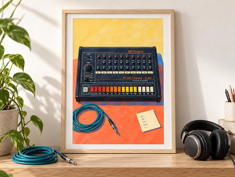 Op de afbeelding: Een ingelijste kunstdruk met een zwarte Roland TR-808 Rhythm Composer drumcomputer met oranje en witte knoppen, een blauwe opgerolde audiokabel en een klein geel briefje met de tekst BD, SD, HH, 808 tegen een levendige oranje en gele achtergrond.
