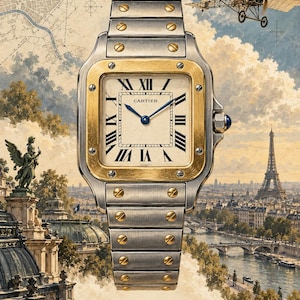 Op de afbeelding: Een Cartier Santos polshorloge met een vierkante zilverkleurige kast, een goudkleurige ring en een zilverkleurige metalen schakelarmband met goudkleurige schroeven. De cr&egrave;mekleurige wijzerplaat toont zwarte Romeinse cijfers, blauwe wijzers en de tekst Cartier Santos 1904.