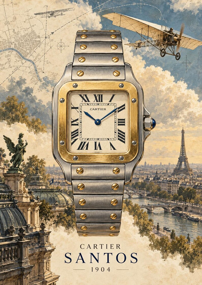 Op de afbeelding: Een Cartier Santos polshorloge met een vierkante zilverkleurige kast, een goudkleurige ring en een zilverkleurige metalen schakelarmband met goudkleurige schroeven. De cr&egrave;mekleurige wijzerplaat toont zwarte Romeinse cijfers, blauwe wijzers en de tekst Cartier Santos 1904.